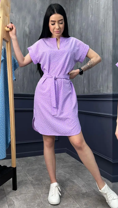 Женское летнее платье в горошек с коротким рукавом GF509250 размер 46/48, цвет лавандовый, фото №1 Женское летнее платье в горошек с коротким рукавом GF509250 размер 46/48, цвет лавандовый, фото №1