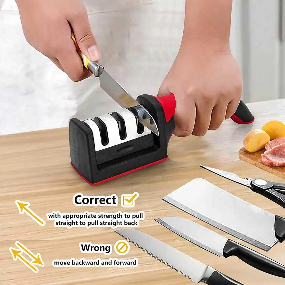 Точилка для ножей ручная профессиональная 3 уровня вольфрамовая сталь алмаз керамический камень для стальных и керамических ножей Black, Red, фото №7