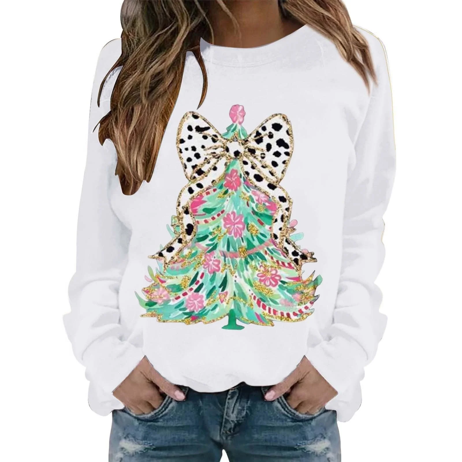 Рождественский свитшот Женский Подарки Пуловер Топы Модный Повседневный Теплый Женский свитшот Длинный рукав Круглый вырез Мягкая рубашка с принтом Зимние свитшоты Топы, фото №1