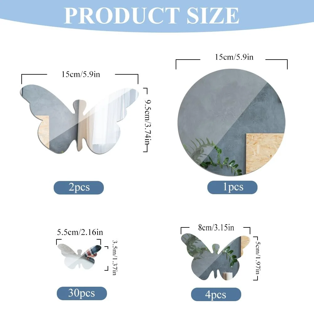 Зеркальные наклейки на стену 3D Butterfly 37 штук Серебристые, фото №6