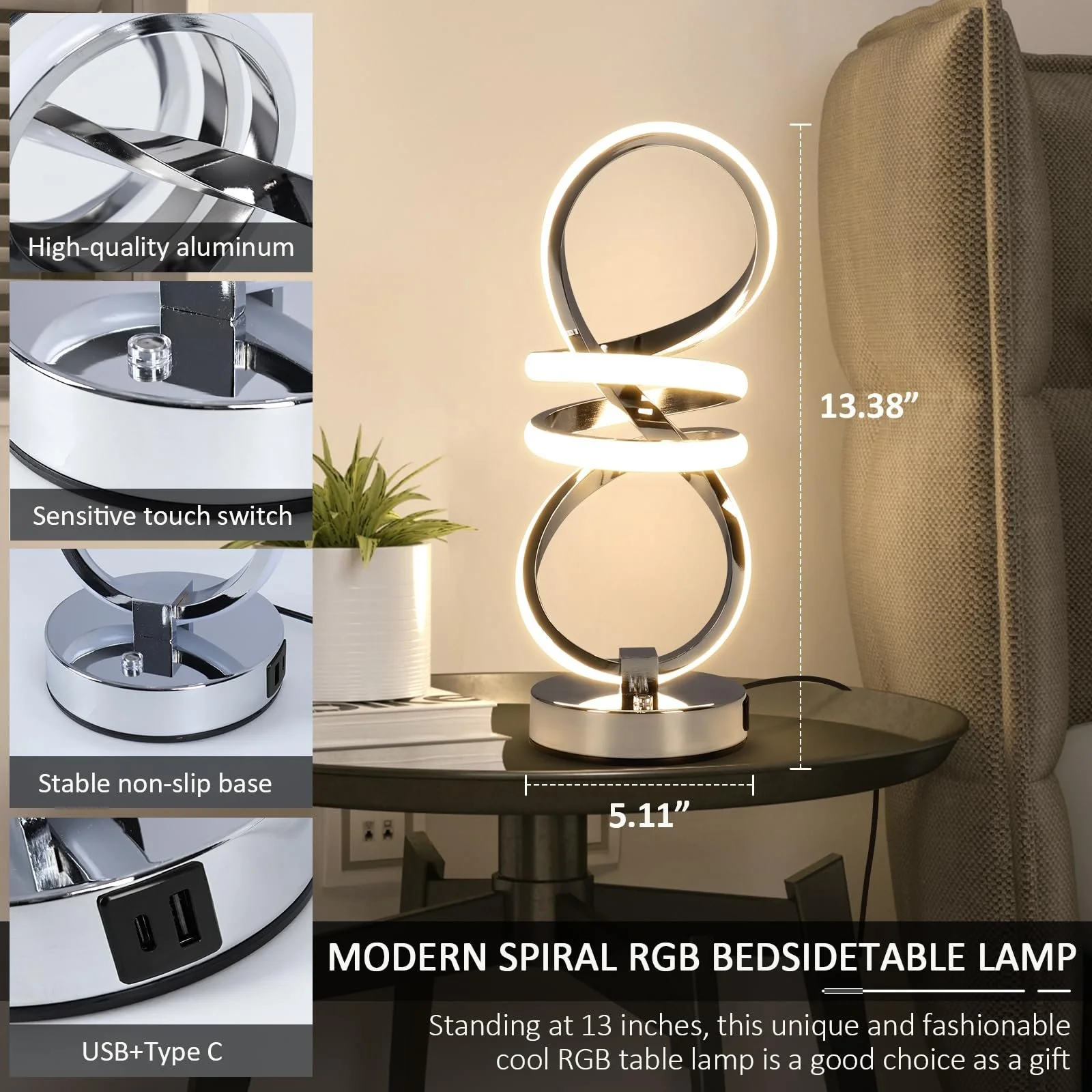 Настольная лампа RGB LED Touch Control Dimmable 6 Colour Changing 3 Levels USB, серебристая, фото №4