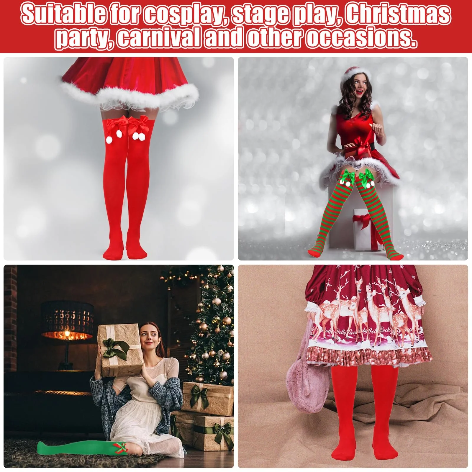 Жіночі гольфи Різдвяні в смужку (3 пари) для косплею, червоні, фото №6