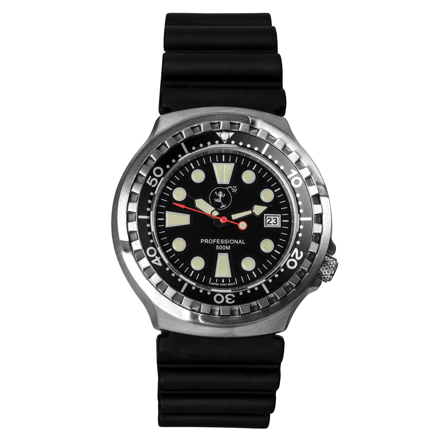 Годинник BOMBFROG PRO500 Stainless Steel Superluminova для чоловіків-дайверів з нейлоновим ремінцем у елегантному військовому стилі - Корпус з матової нержавіючої сталі з сапфіровим склом з антивідблиском, фото №1