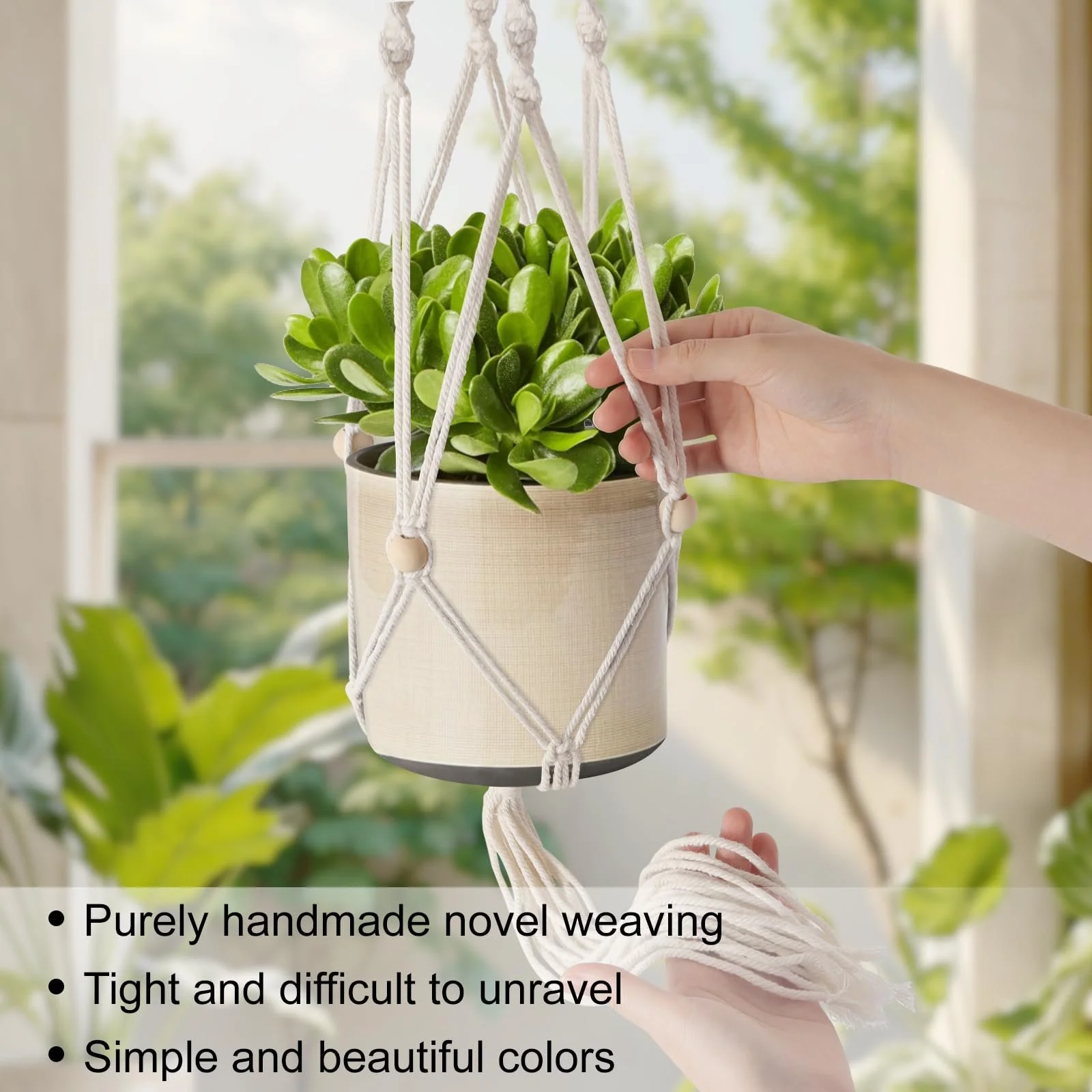 Подвесное кашпо макраме Набор 4 шт. Хлопковое ручной работы Бежевый, фото №6