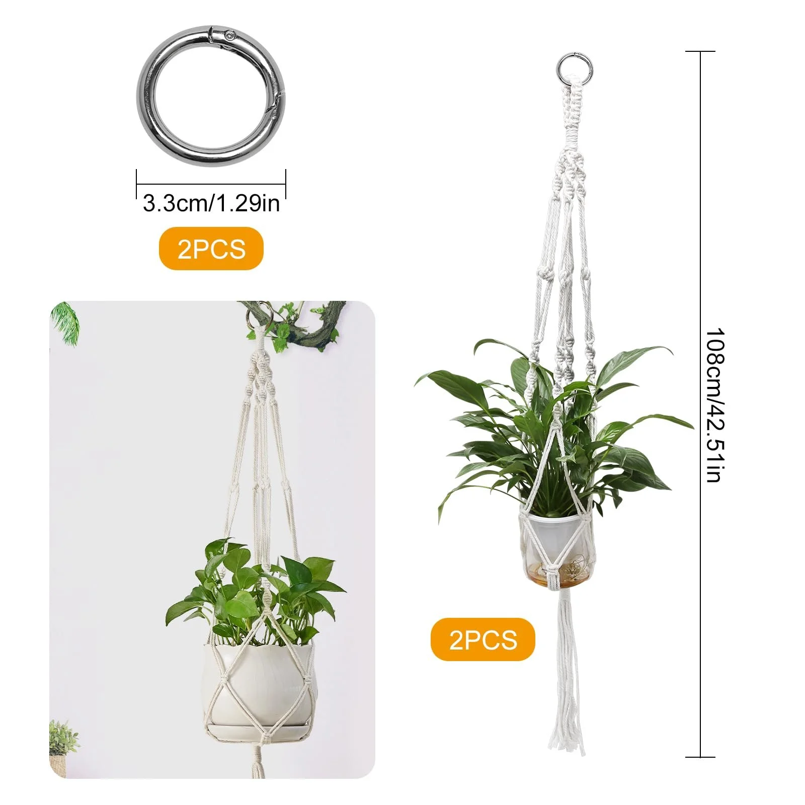 Набор подвесных корзин макраме 2 шт. Хлопковая веревка 105 см, фото №2