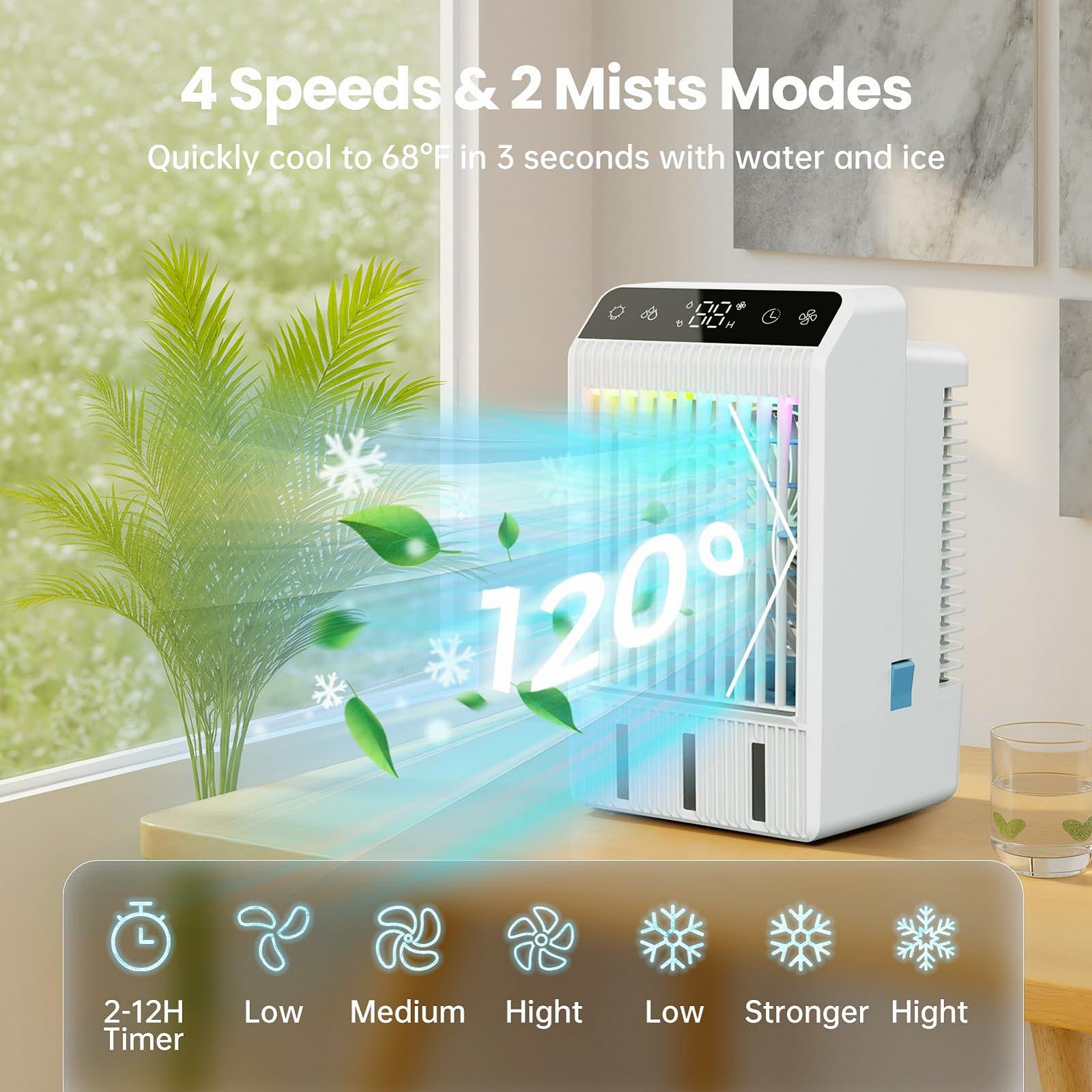 Мобільний міні-охолоджувач повітря 5-в-1 1000 мл 4 швидкості з дистанційним керуванням та таймером 12 год, фото №2