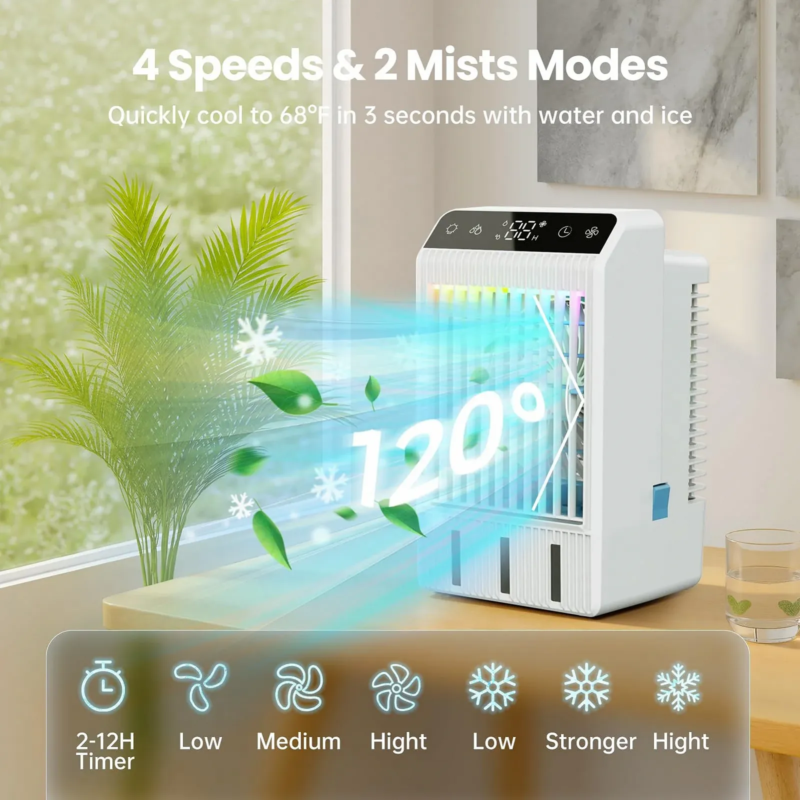 Мобильный мини-охладитель воздуха 5-в-1 1000 мл 4 скорости с дистанционным управлением и таймером 12 ч, фото №2