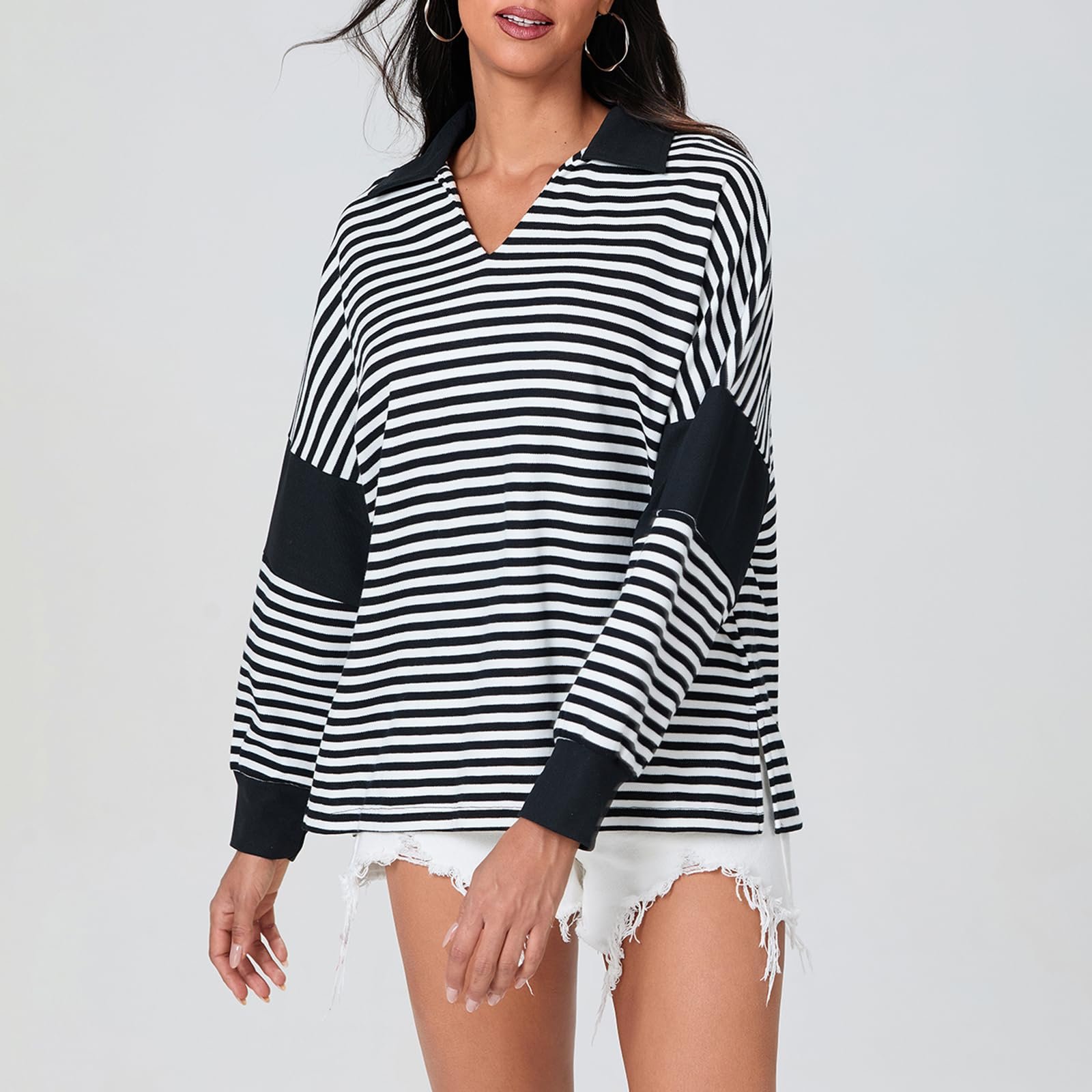 Женский полосатый свитшот SANSIWU, контрастный цвет, длинный рукав, воротник с лацканами, на пуговицах, осенне-зимний, Y2K, повседневный, большой пуловер, фото №5