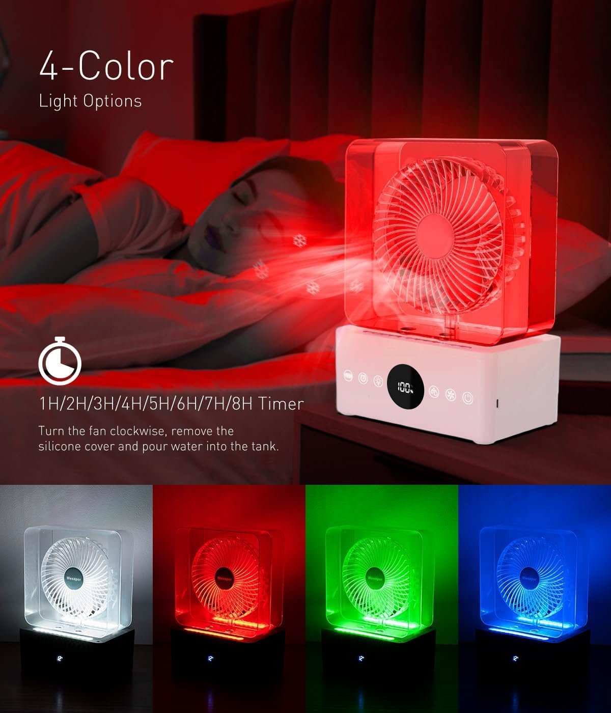 Мобільний кондиціонер 4-в-1 з водяним охолодженням 1000 мл 3 швидкості Таймер Підсвічування Акумулятор 3600 mAh, фото №4