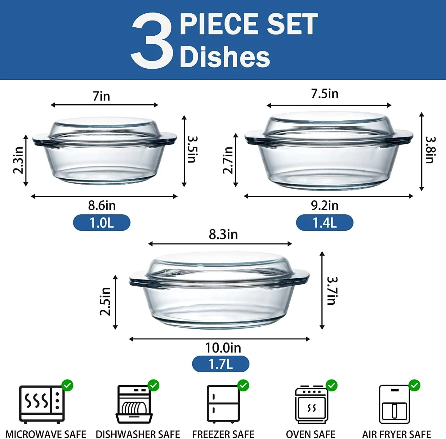 Набор форм для запекания стеклянных с крышками 3 шт 1+1.4+1.7 л круглые, фото №1