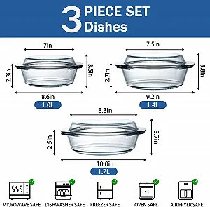 Набор форм для запекания стеклянных с крышками 3 шт 1+1.4+1.7 л круглые - Фото 1