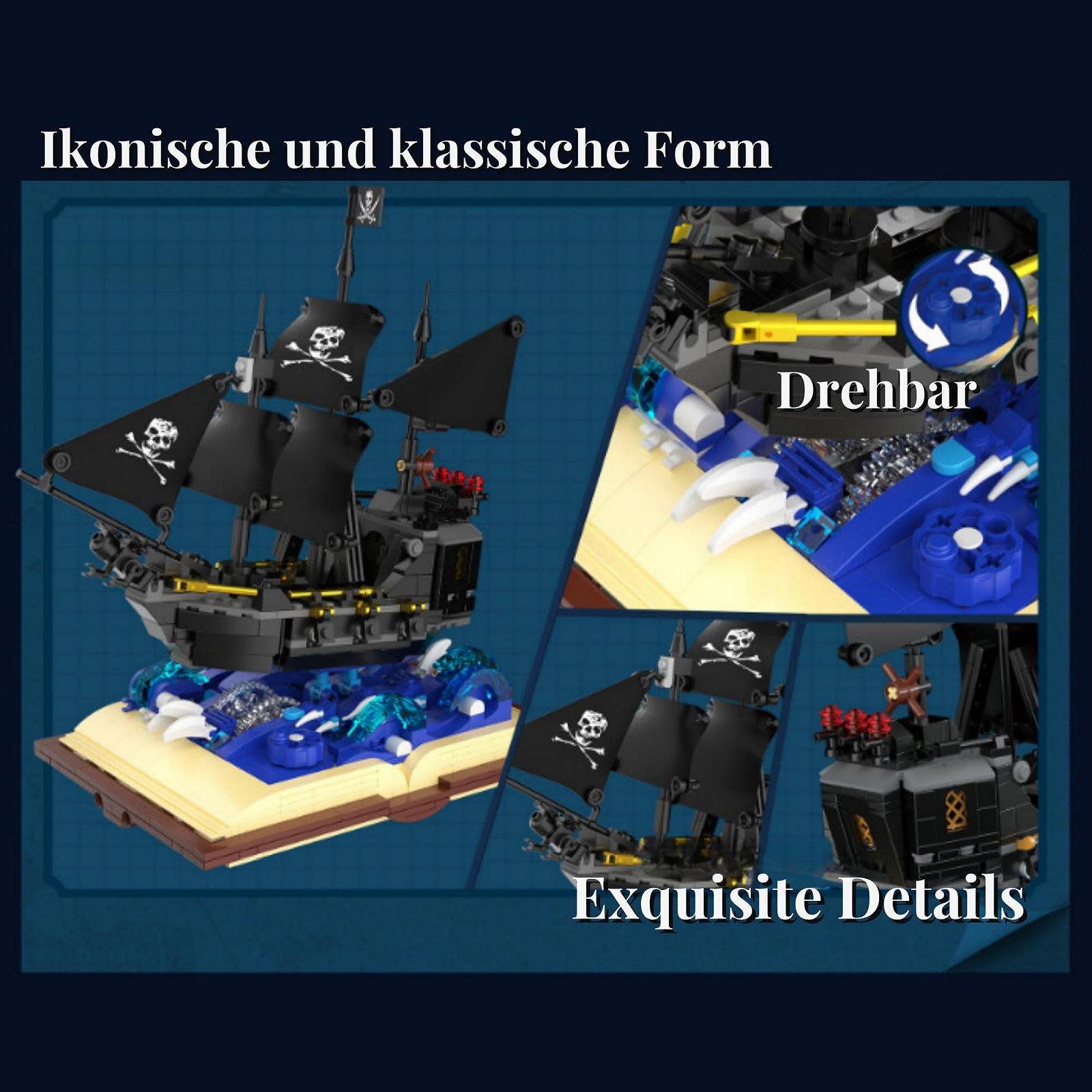 Черный пиратский корабль из блоков Magic Book Pirate Ship, темная миражная модель, 919 деталей, фото №5