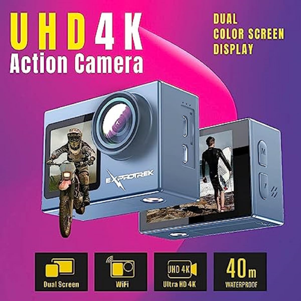 Exprotrek Екшн-камера 4K Водонепроникна Екшн-камера 40 м Ultra HD 20MP Екшн-камера 170° Ультраширокий кут WiFi ВідеоЕкшн-камера ICE стабілізація з подвійною батареєю 1350 мАг, фото №2
