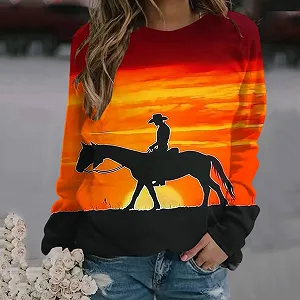 Сорочка с длинными рукавами Komiseup Basic, круглый вырез, свободный свитер без капюшона, западный ковбойский принт, праздничная спортивная рубашка, модный топ с принтом лошади для девочки-подростка, уличная одежда 19 synthetic.ua - Фото 1