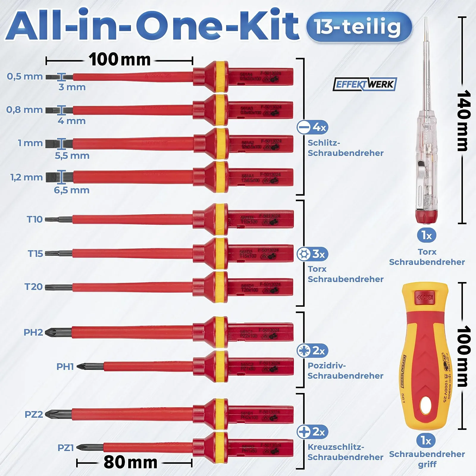 Набір викруток Effektwerk для електрика 13 предметів 1000V VDE магнітні наконечники, фото №2