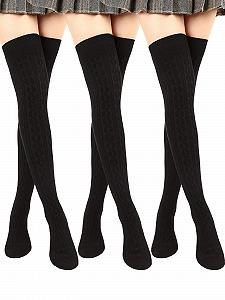 Высокие гольфы SATINIOR выше колена 3 пары Хлопковые вязаные гетры, черный - Фото 1