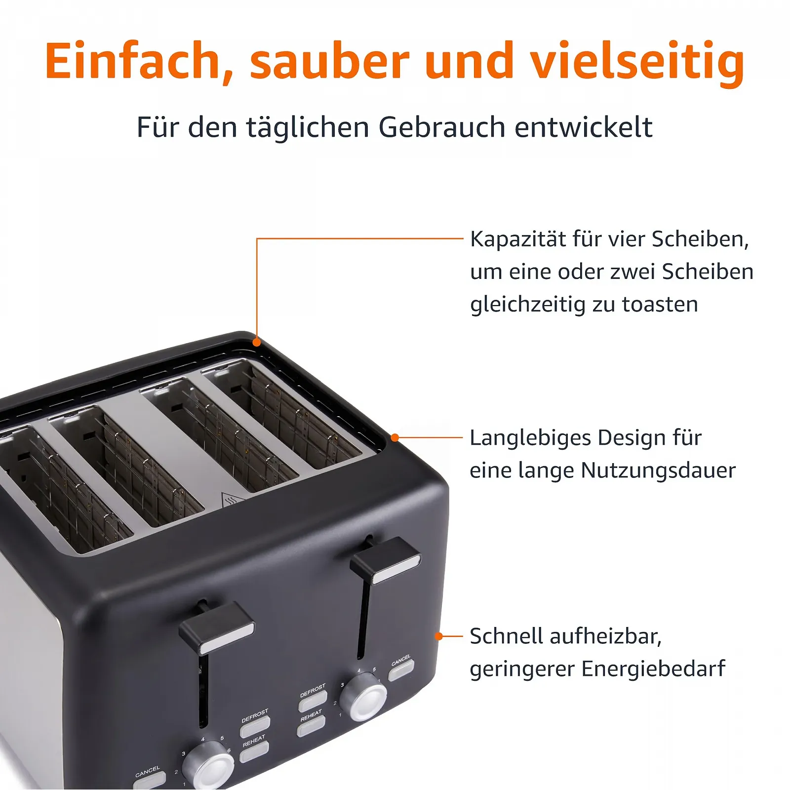 Тостер Amazon Basics на 4 скибочки з 7 рівнями підсмажування та знімним піддоном для крихт, дуже широкі слоти, 1500 Вт, чорний, фото №4