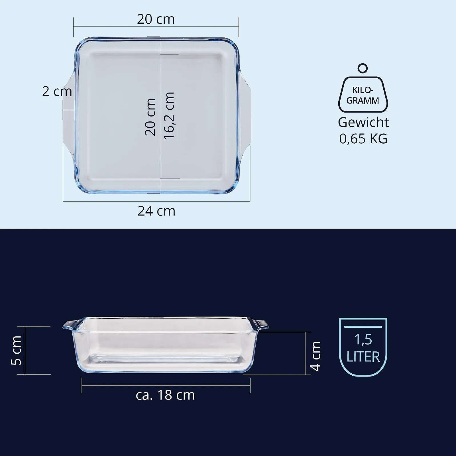 Форма для запікання KHG 1.5 L квадратна скляна з кришкою 24 x 20 x 5 см, фото №6