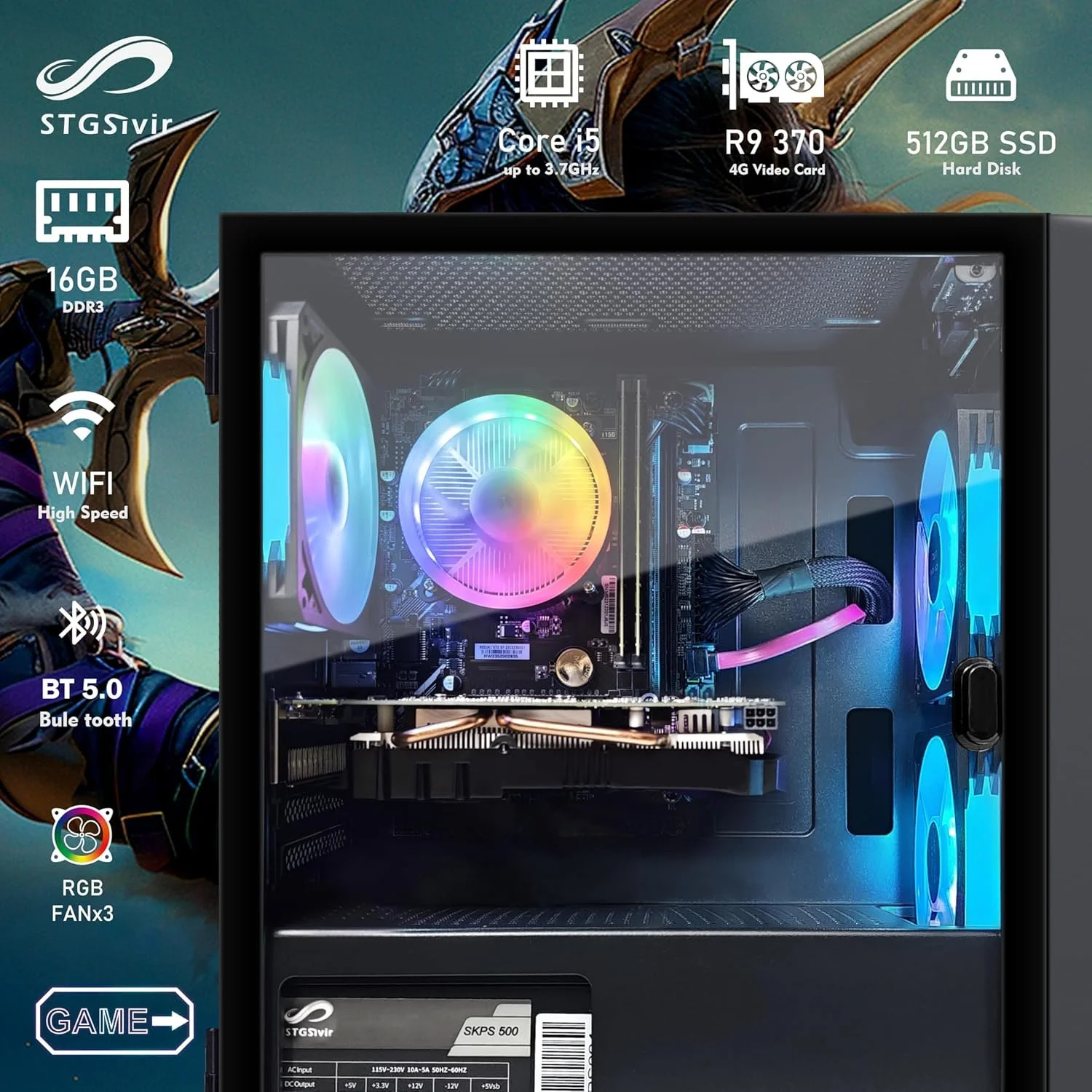 Комп’ютер STGsivir PC Gamer / Intel Core i5-4590 / RAM 16GB / SSD 512GB / AMD Radeon R9 370 / HDMI / LAN / Wi-Fi 5 / Bluetooth 5.0 / Windows 11 / Чорний, фото №3