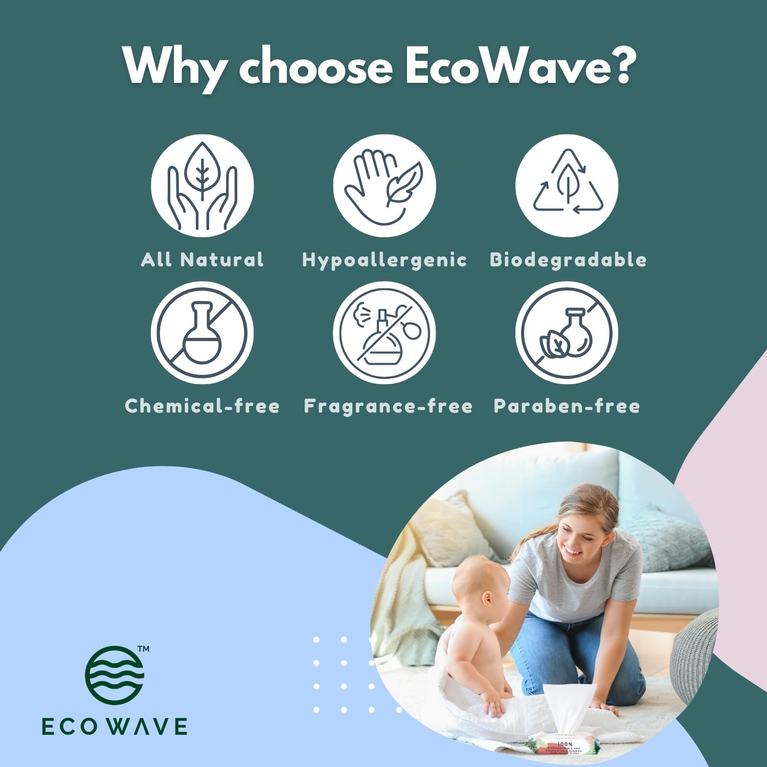 Дитячі серветки Eco Wave з бамбука, компостовані, без запаху, гіпоалергенні, веганські, без спирту, для чутливої шкіри (6 упаковок), фото №6