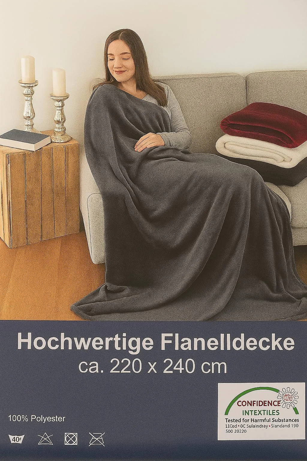 Одеяло Brandsseller Flannel Очень мягкое Уютное Одеяло Покрывало - Однотонное - 180 x 220 см - Серый, фото №4