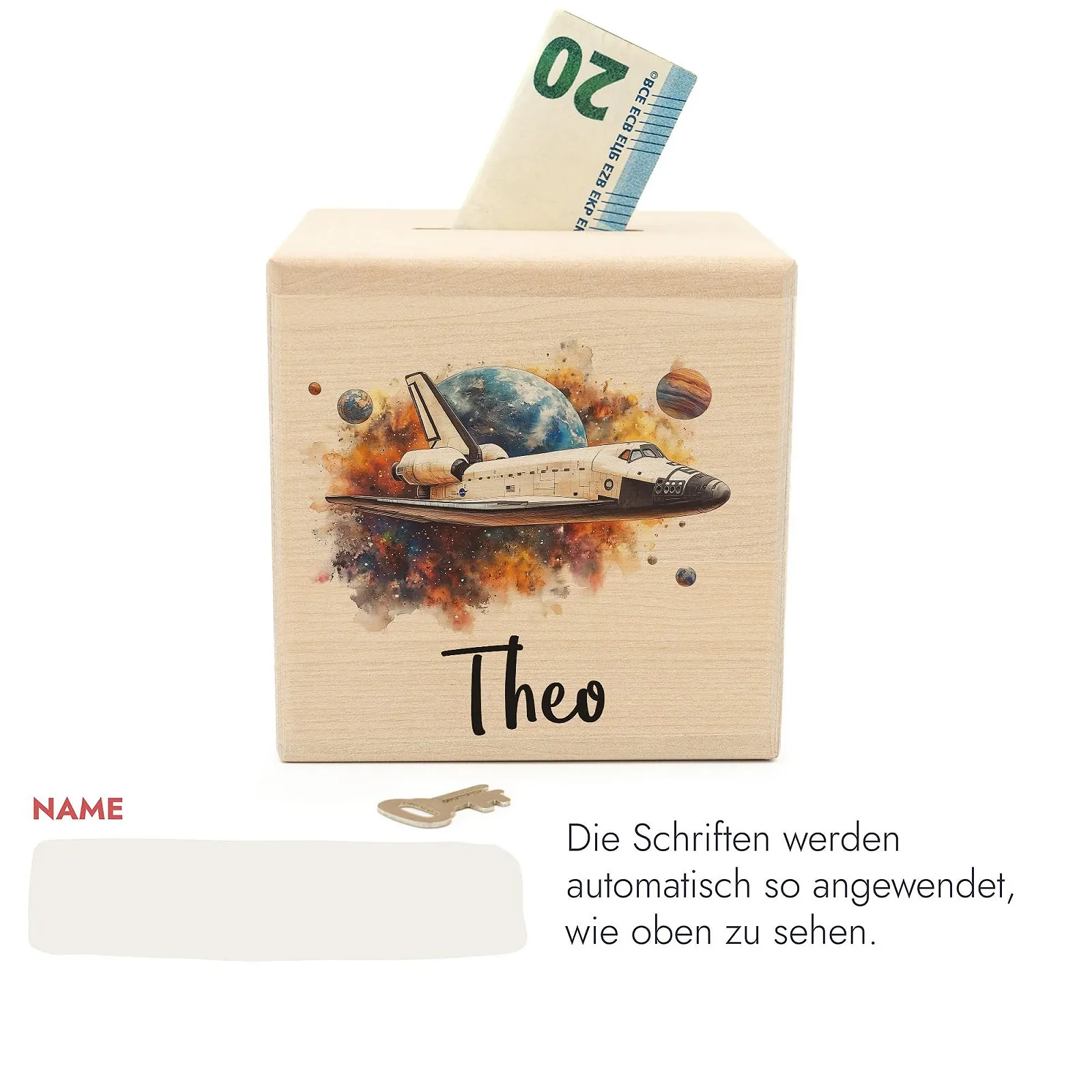 Копилка деревянная персонализированная космическая 10 x 10 см с замком, фото №6