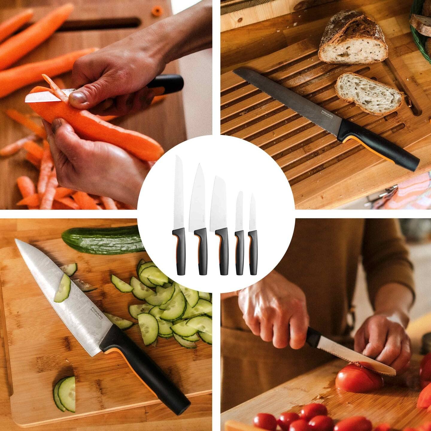 Набір ножів Fiskars Functional Form 5 од. Кухарський ніж, ніж для овочів, ніж для помідорів, ніж Santoku, ніж для хліба, японська нержавіюча сталь/пластик, чорний/помаранчевий, фото №2
