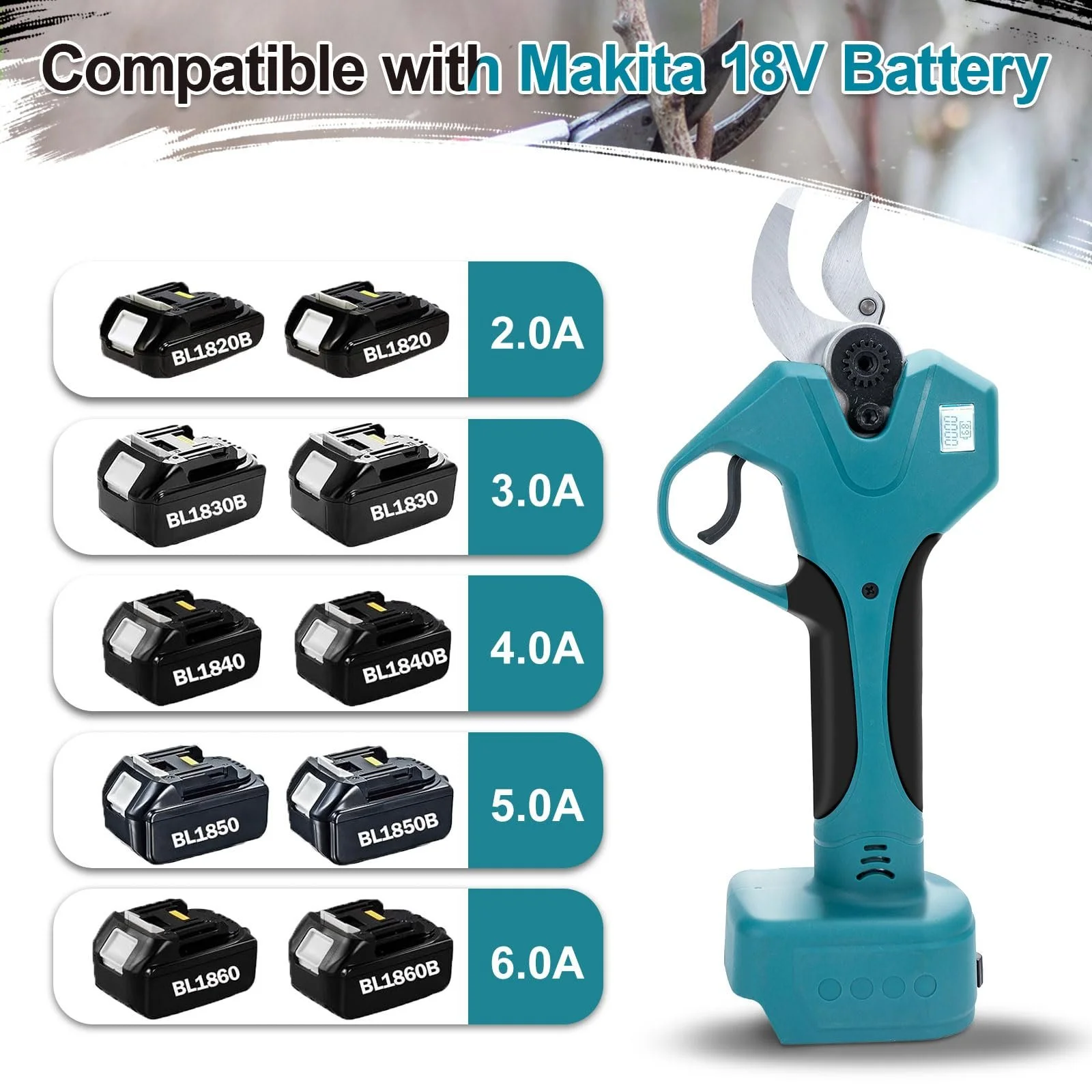 Секатор WingFly акумуляторний електричний, сумісний з батареями Makita 18 V, безщітковий двигун, макс. діаметр різання 30 мм, для квітників, садів, гілок, синій, фото №2