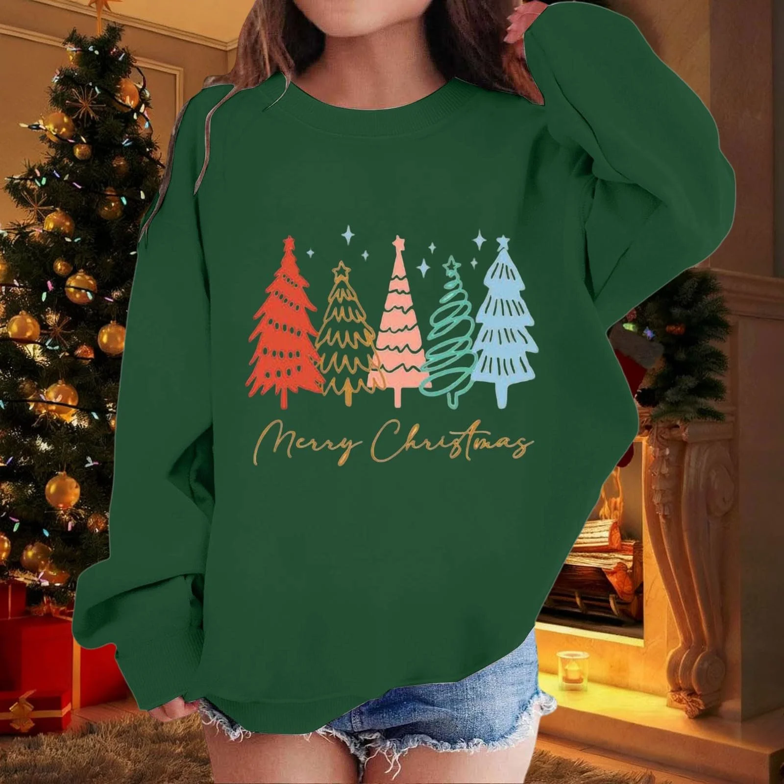 Рождественский джемпер для девочек, повседневный пуловер, свитшот с длинными рукавами и круглым вырезом, мягкий игривый топ для праздничного наряда и повседневной носки, фото №3