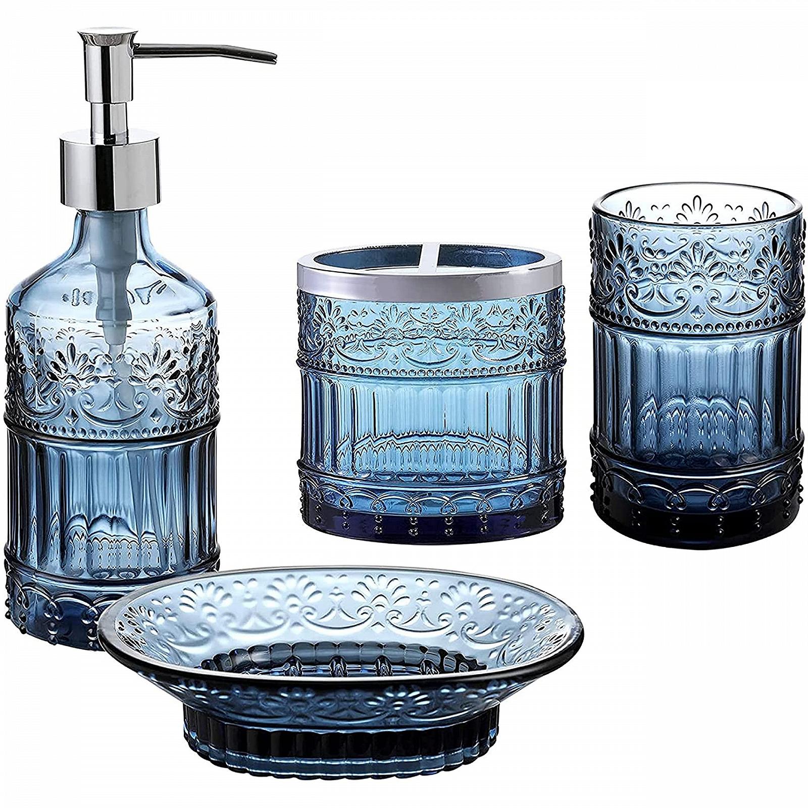 Набір для ванної кімнати WHOLE HOUSEWARES 4 шт. Диспенсер для мила, піднос, склянка, тримач для зубних щіток Мозаїчне скло (синій), фото №1