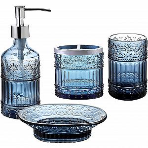 Набір для ванної кімнати WHOLE HOUSEWARES 4 шт. Диспенсер для мила, піднос, склянка, тримач для зубних щіток Мозаїчне скло (синій) - Фото 1