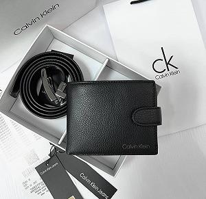 Мужской подарочный набор Calvin Klein черный кожаный ремень и кошелек на застежке - Фото 1