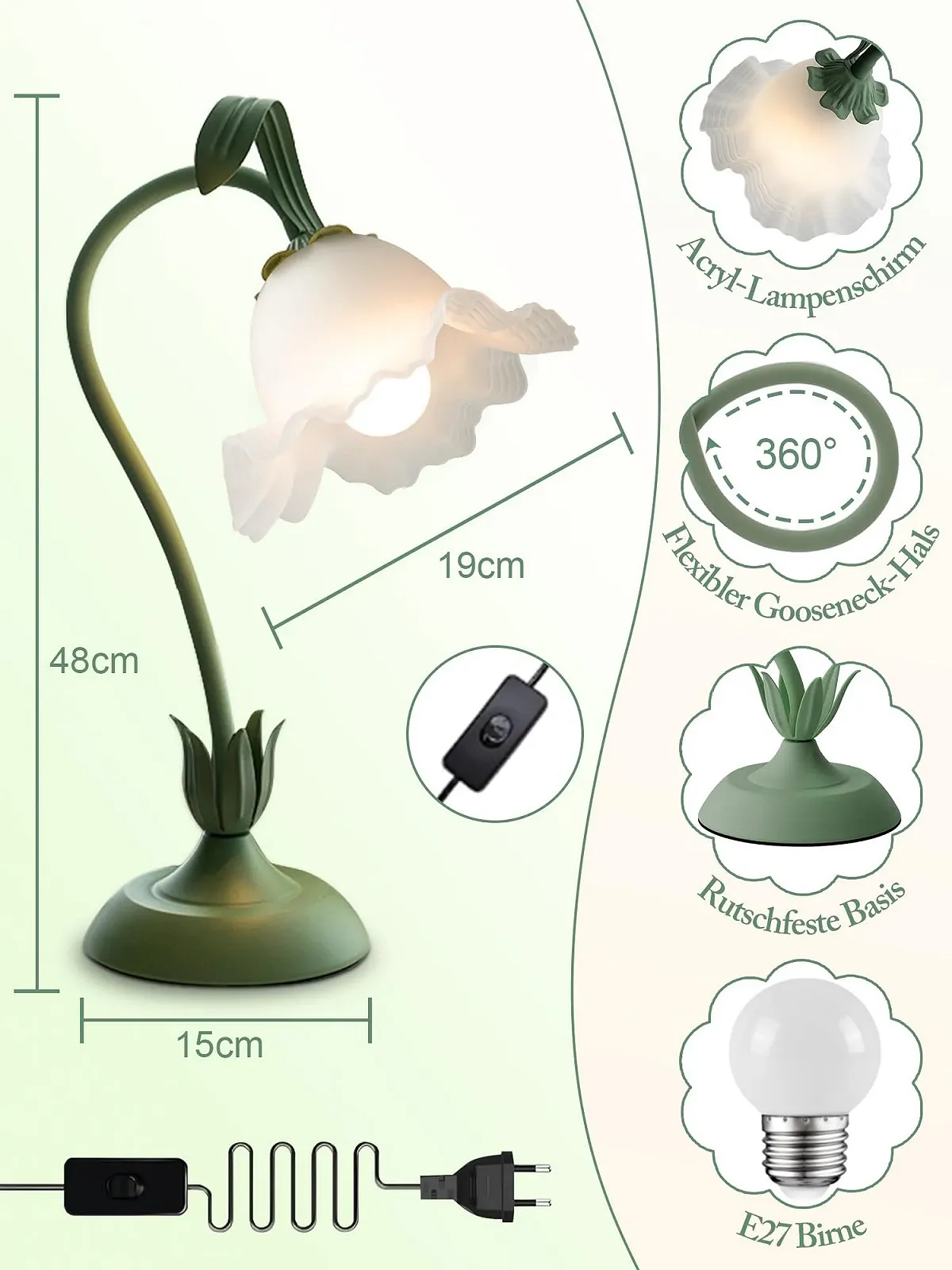 Настільна лампа Flower LED гнучка 3 режими Вінтажний зелений, фото №5