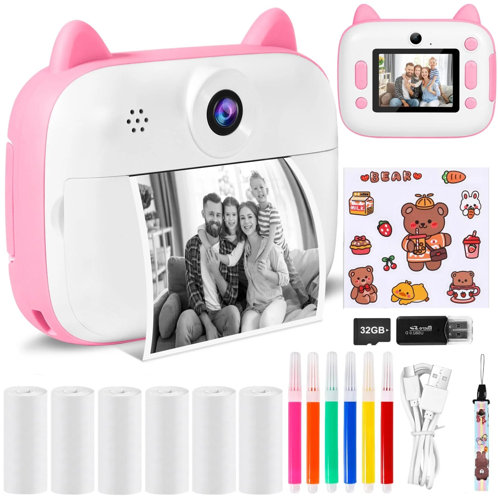 Детская фотокамера мгновенной печати 12MP 2.4-дюймовый экран 1080P с картой 32G, бумагой для печати и цветными ручками, фото №1
