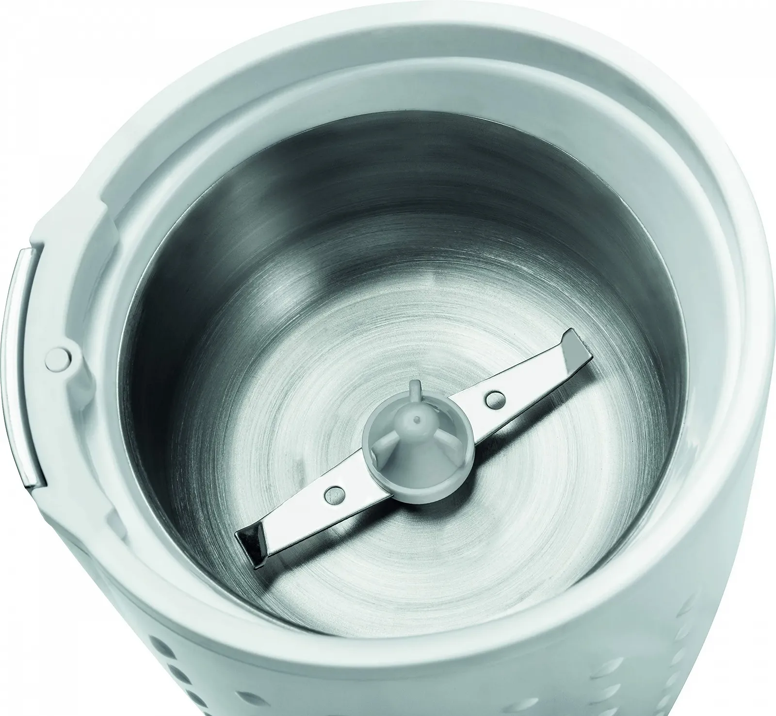 Кавомолка ECG KM 110 електрична, для кавових зерен/горіхів, ніж з нержавіючої сталі, біла/срібна, фото №4 Кавомолка ECG KM 110 електрична, для кавових зерен/горіхів, ніж з нержавіючої сталі, біла/срібна, фото №4