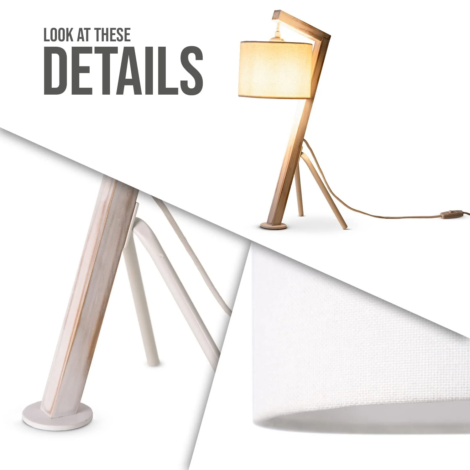Настільна лампа Paco Home ретро E27 дерев'яна з тканинним абажуром сірий/білий, фото №5