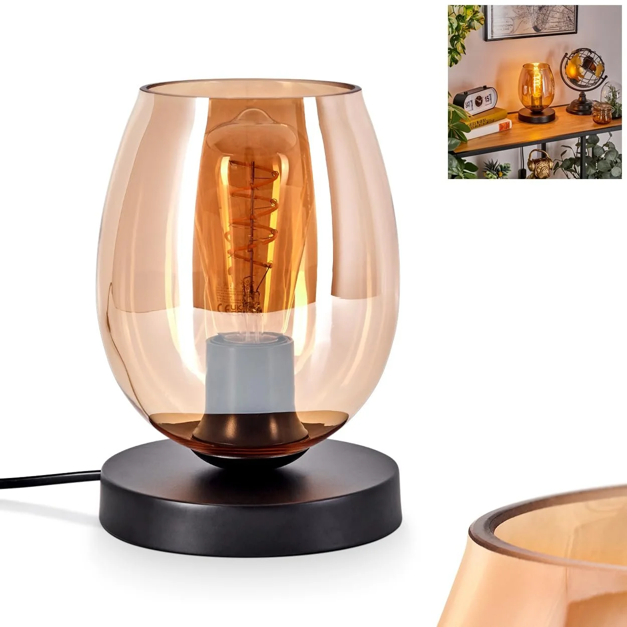 Настільна лампа Koyoto Metal/Glass Modern 15 см E27 Black/Amber, фото №1