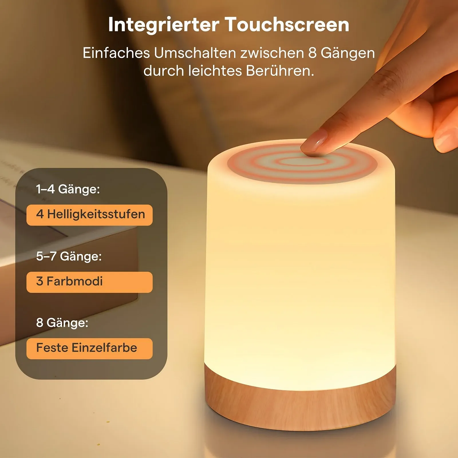 Приліжкова лампа LED Сенсорна Регульована яскравість Акумуляторна RGB 4 рівні яскравості 4 режими З гачком та функцією пам'яті, фото №4