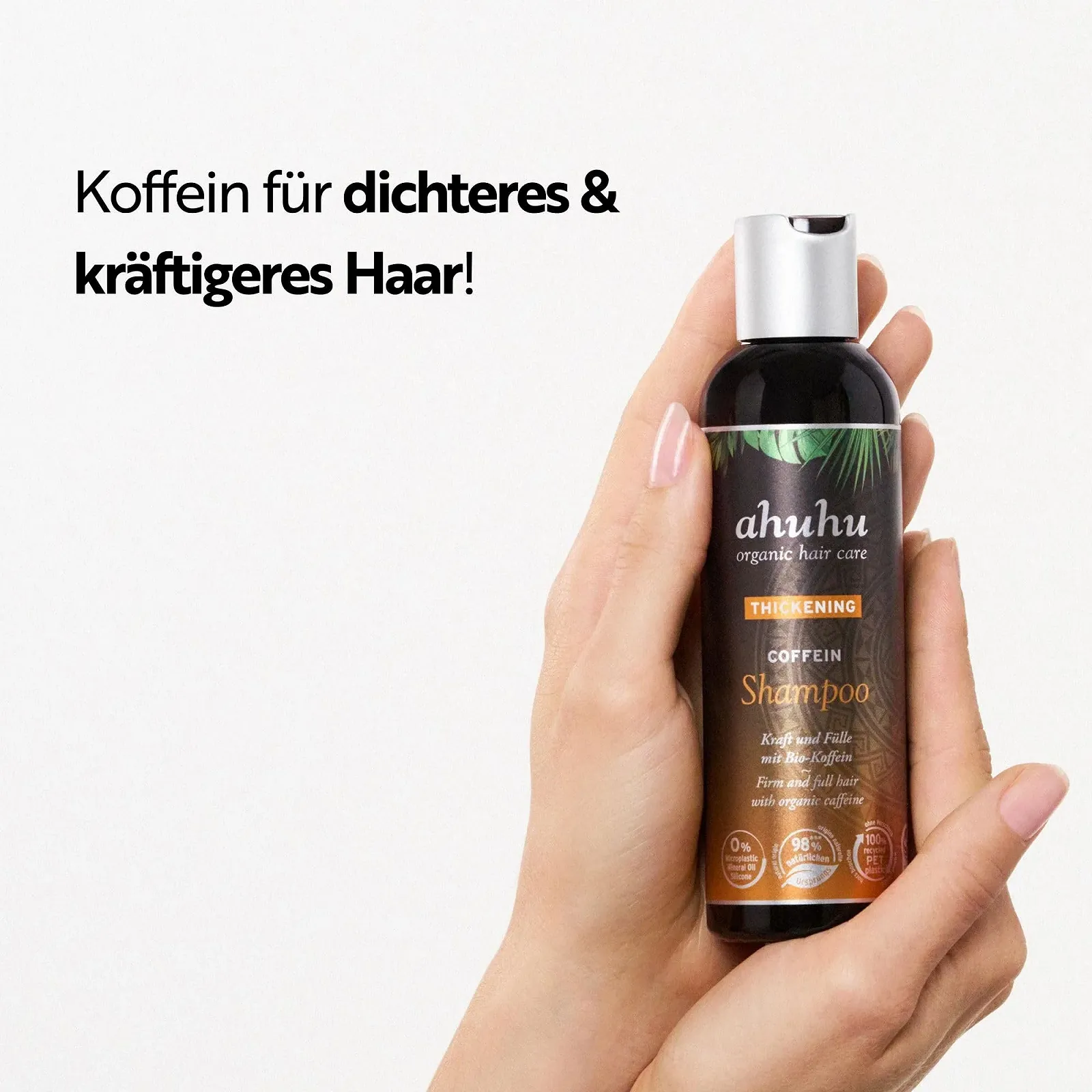 Шампунь Ahuhu Thickening Caffeine для густоты волос с органическим кофеином для более густых и сильных волос, активизирует кожу головы и корни волос, флакон изготовлен из 100% переработанного пластика, веганский, 200 мл, фото №6
