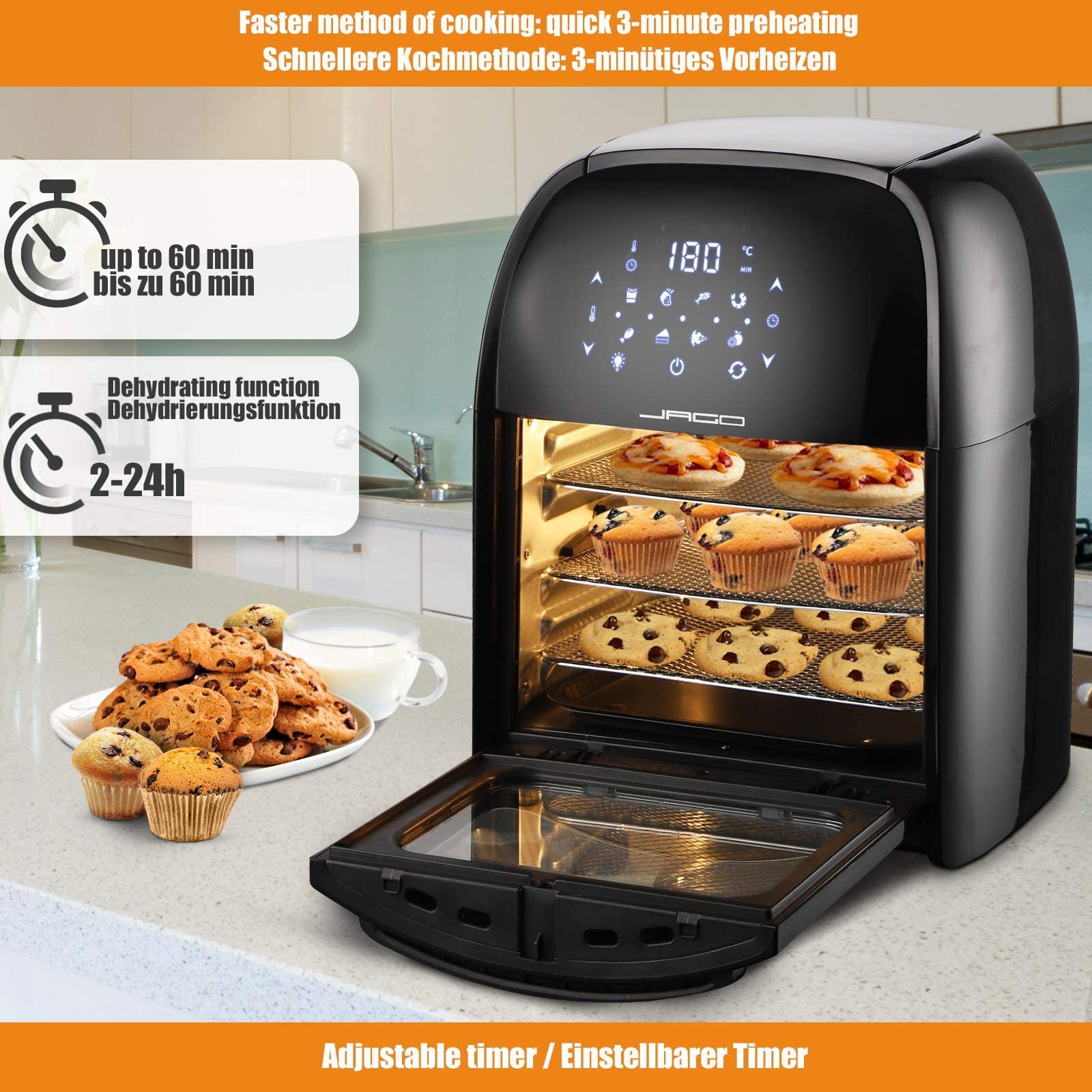 Фритюрница Jago® XXXL 8-в-1 12 Л + 10 Аксессуаров - 1800 Вт, LED Экран с Сенсором, 8 Программ/Таймер, Без Масла, фото №4