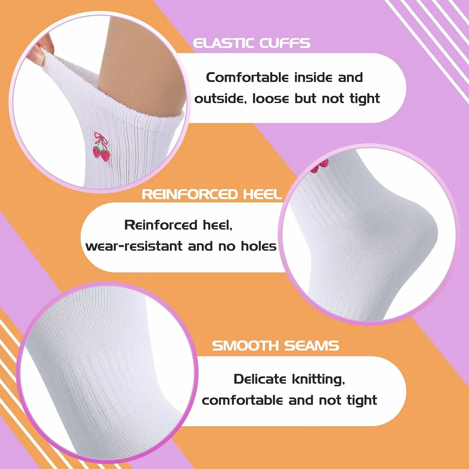 Теннисные носки Белый цвет, 4 пары, размер 38-42, с полосками и рисунками клубники и вишни, фото №3