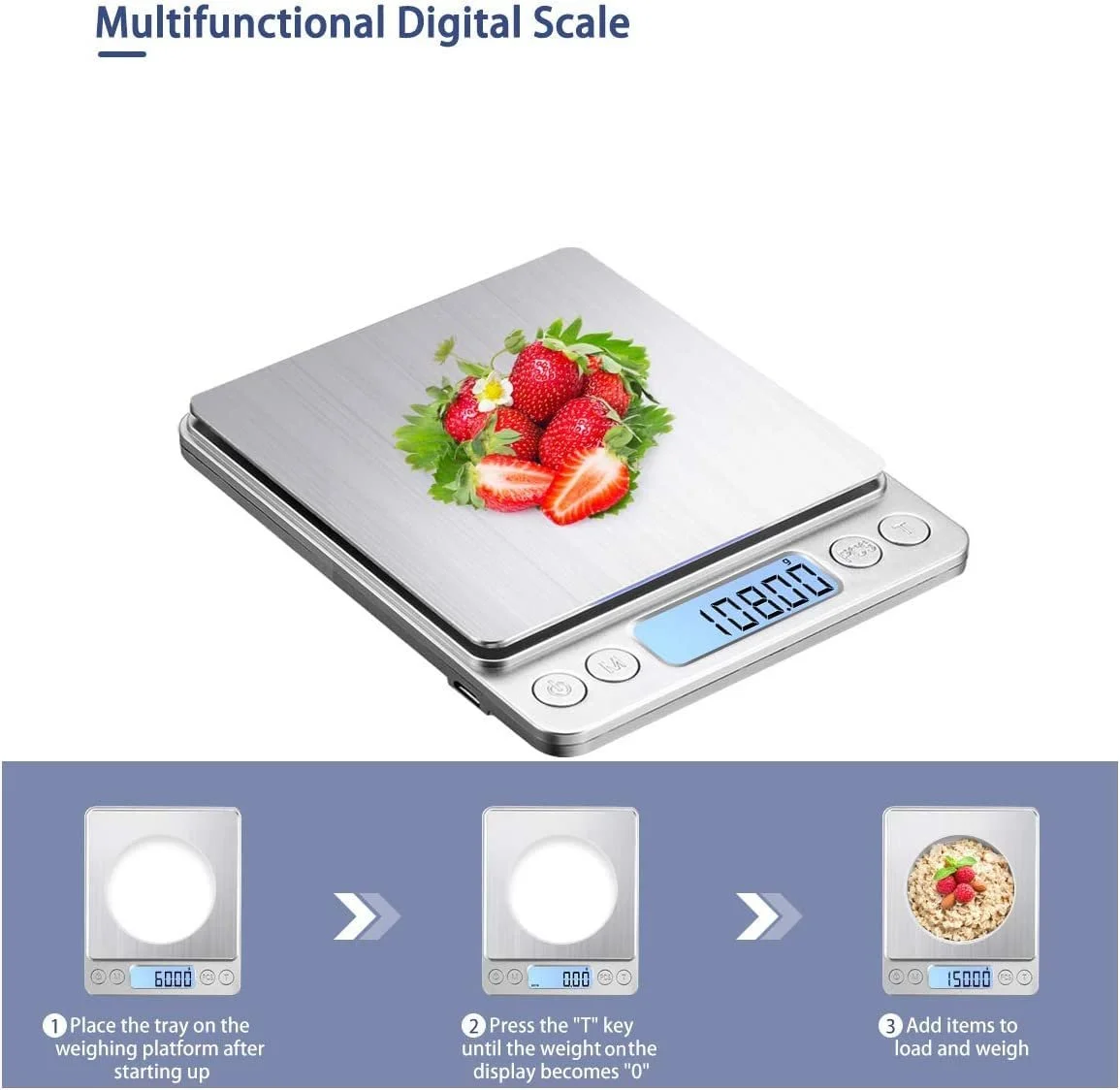 Ваги кухонні Digital 3000 g / 0,1 g з РК-дисплеєм та платформою з нержавіючої сталі, фото №3 Ваги кухонні Digital 3000 g / 0,1 g з РК-дисплеєм та платформою з нержавіючої сталі, фото №3