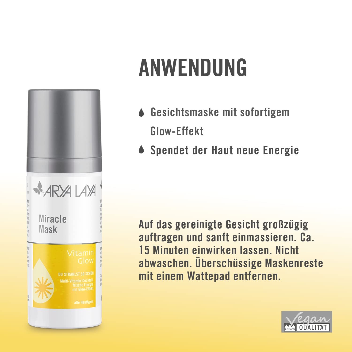 Маска для лица ARYA LAYA Miracle Vitamin Glow, 30 мл - Маска для лица для многих типов кожи, уход за кожей с эффектом сияния, антиоксидант, защита клеток и регенерация, веганская, фото №3