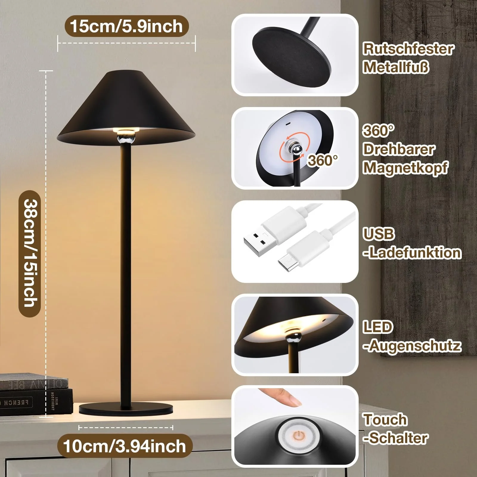 Настільна лампа Rosnek LED Бездротова 360° Магнітна 4000 мАг 3 кольори Сенсорна, фото №5