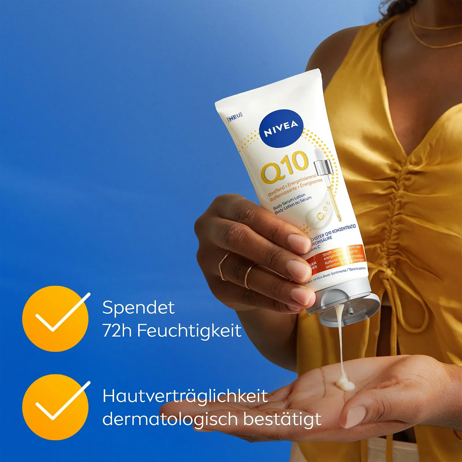Лосьон-сыворотка для тела NIVEA Body Q10 Firming + Energising, Укрепляющий лосьон для тела с чистым Q10, витамином C и гиалуроновой кислотой (200 мл), фото №3 Лосьон-сыворотка для тела NIVEA Body Q10 Firming + Energising, Укрепляющий лосьон для тела с чистым Q10, витамином C и гиалуроновой кислотой (200 мл), фото №3