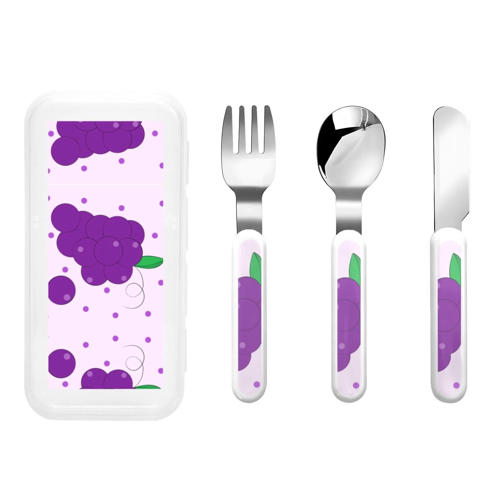 Набір дитячих столових приборів з мультяшним принтом винограду, три предмети, багаторазовий, фото №1 Набір дитячих столових приборів з мультяшним принтом винограду, три предмети, багаторазовий, фото №1