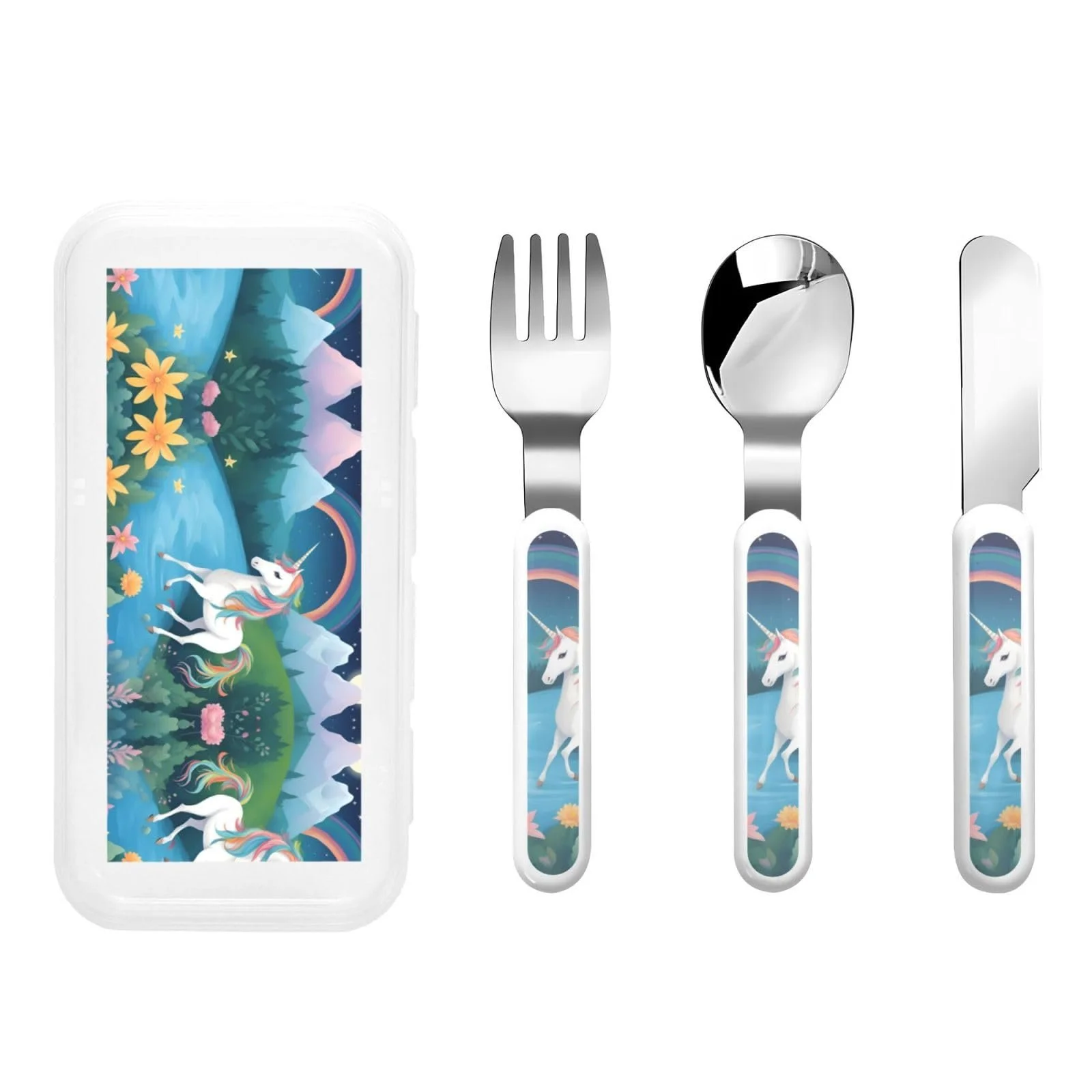 Набір дитячих столових приборів з принтом Єдинороги, 3 предмети, фото №1 Набір дитячих столових приборів з принтом Єдинороги, 3 предмети, фото №1