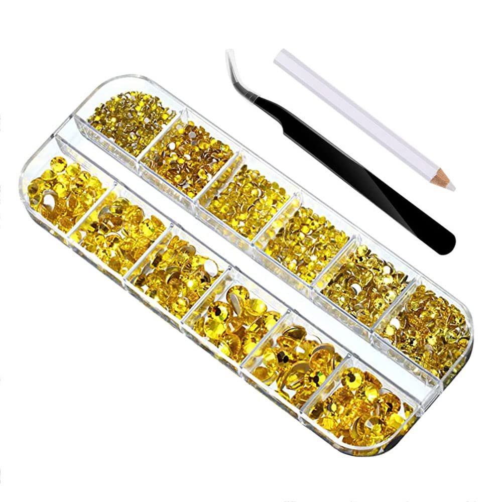 Стразы для ногтей SagaSave 2000 шт. Кристаллы для ногтей, плоские, для дизайна ногтей, 6 размеров 1,5-6 мм, в коробке с 12 отделениями, жёлтые, фото №1