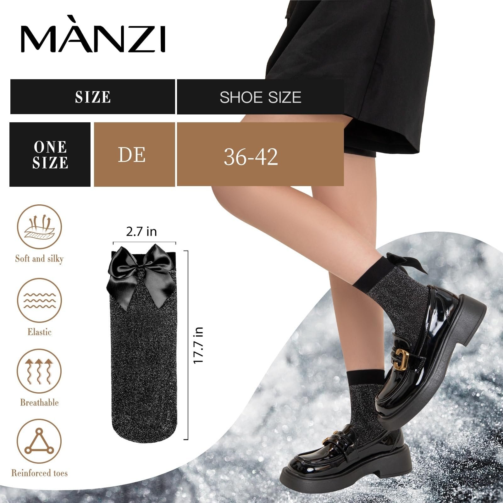 Женские носки Ankle Manzi Черный Винтажный бант с кружевом Блестящий люрекс Короткие носки 3 пары, фото №6