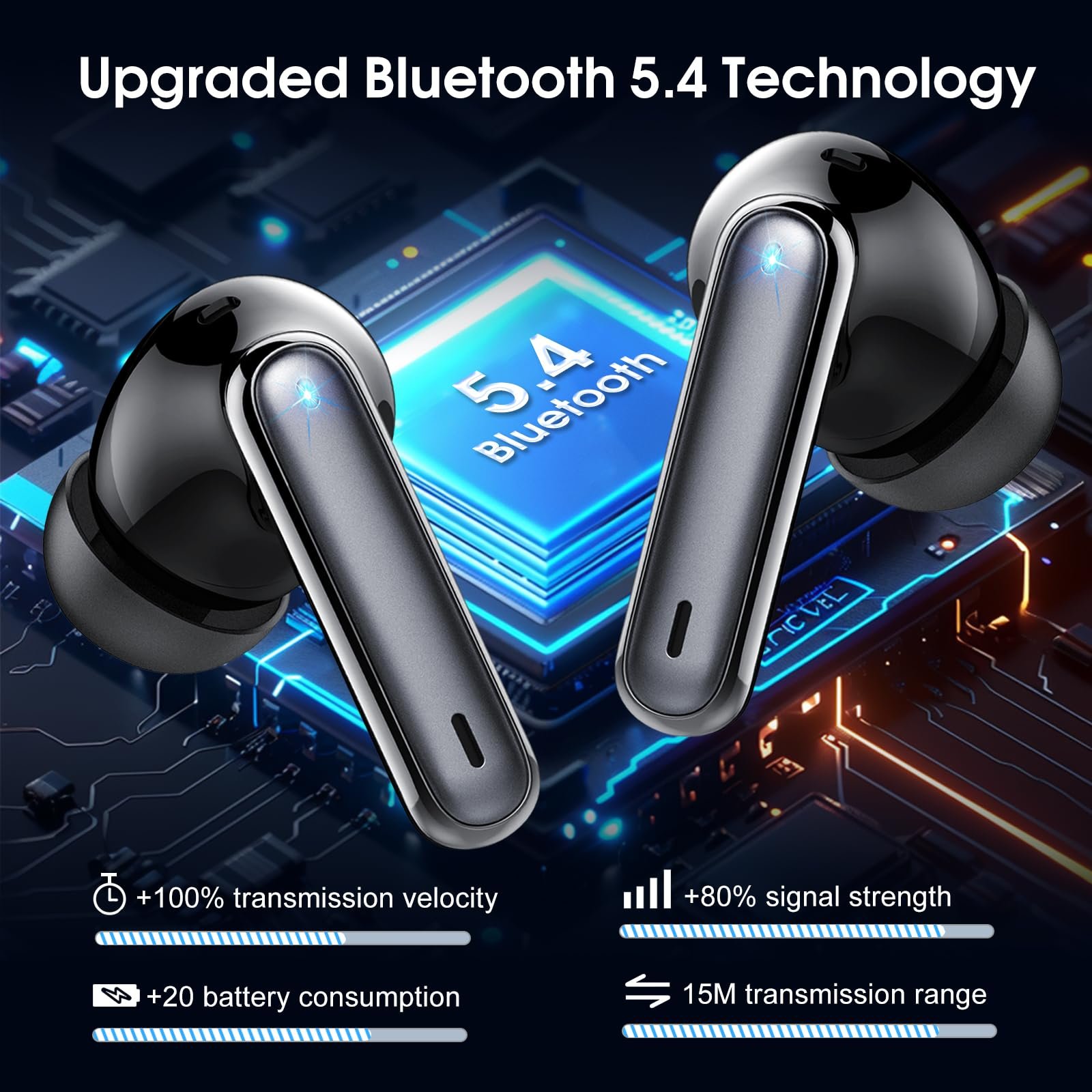 Наушники Bluetooth xinwld, Беспроводные наушники-вкладыши Bluetooth 5.4 с 4 микрофонами ENC, Беспроводные наушники Deep Bass 40 часов, Водонепроницаемость IP7, LED-дисплей, фото №2